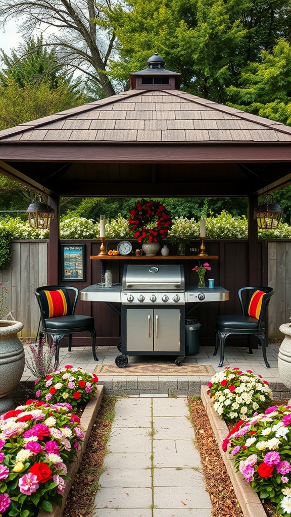 A vintage style grill gazebo featuring a barbecue grill, two black chairs, and colorful flower beds.