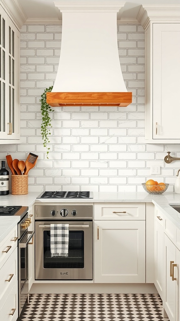 A vintage subway tile backsplash in a modern kitchen featuring a wood-accented range hood and sleek appliances.