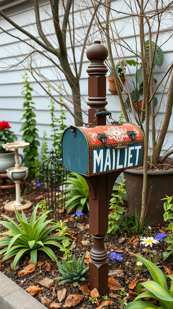 A vintage-style mailbox post with a blue mailbox and decorative elements, surrounded by greenery.