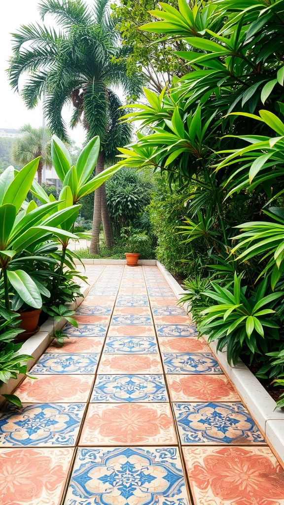 A vintage tile walkway surrounded by lush green plants.