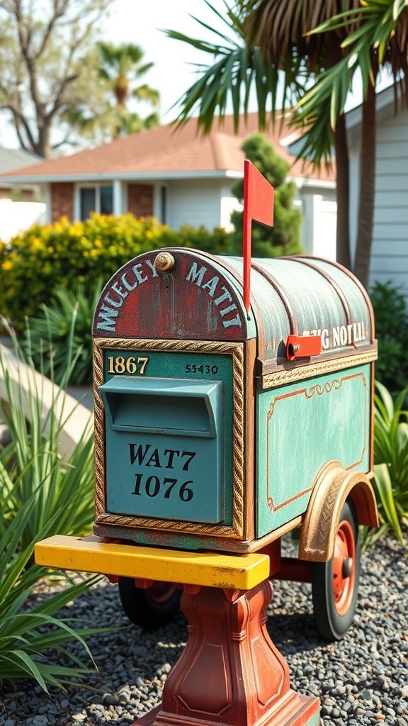 Vintage truck-themed mailbox in teal and red color scheme with a decorative base