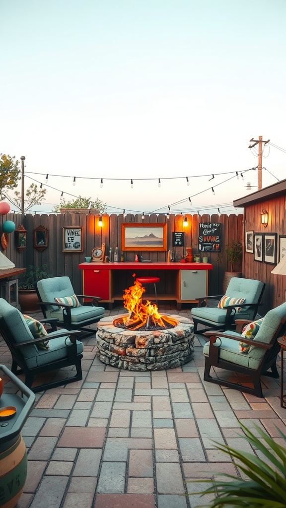 Cozy vintage backyard fire pit area with comfortable seating and string lights