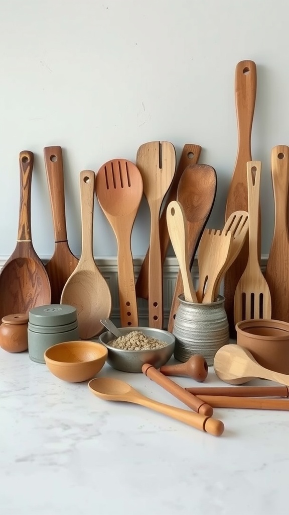 An assortment of vintage wooden kitchen tools displayed on a countertop.