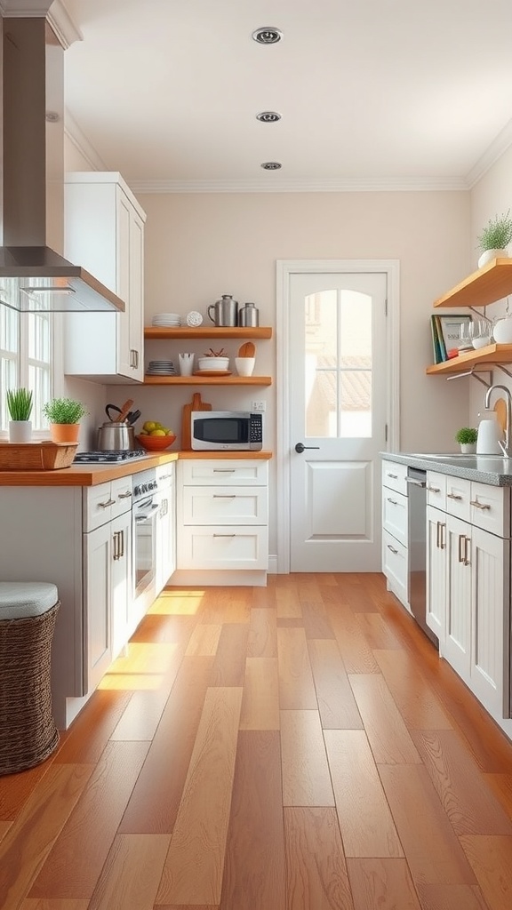 A bright kitchen featuring vinyl flooring that resembles hardwood, with white cabinets and warm wood accents.