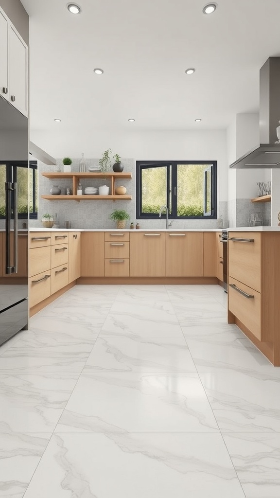 A modern kitchen featuring wooden cabinets and marble-like vinyl sheet flooring