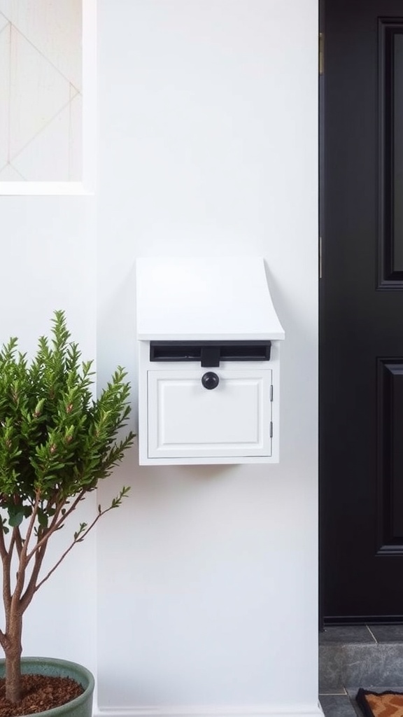 A stylish wall-mounted mailbox in white, complemented by a small plant.