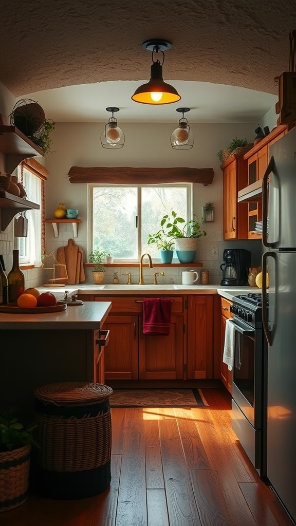 A cozy kitchen featuring warm cinnamon tones with wooden cabinets, natural light, and plants.