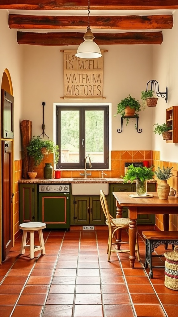 A cozy kitchen featuring warm terracotta tiles with green cabinetry and wooden furniture, showcasing a Mediterranean vibe.