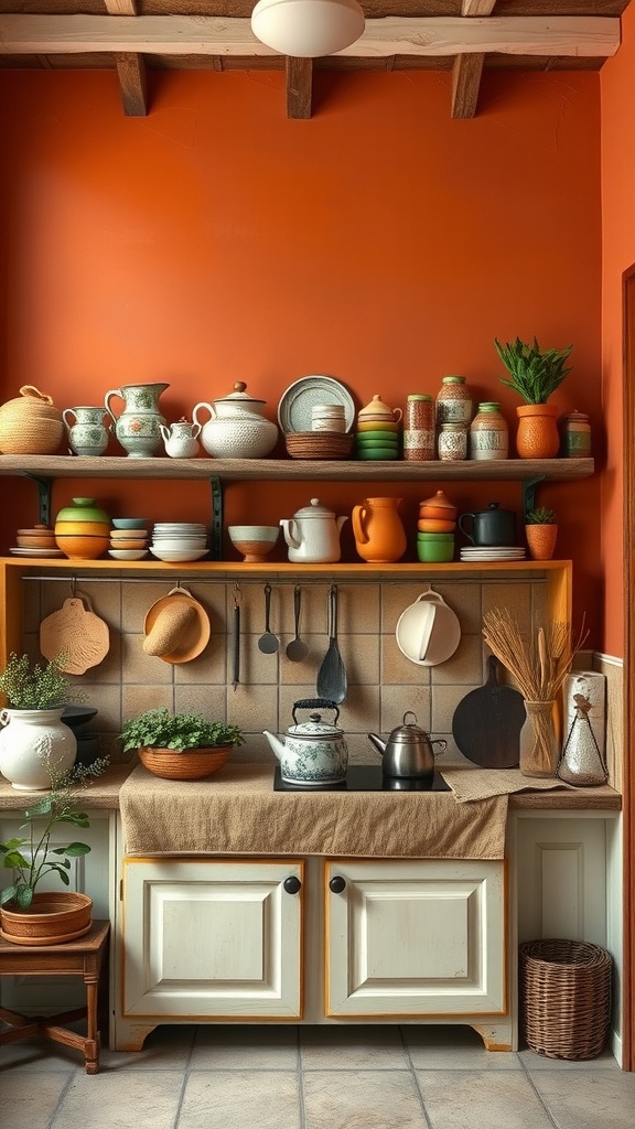 A cozy kitchen with warm terracotta walls, showcasing various dishware and plants.