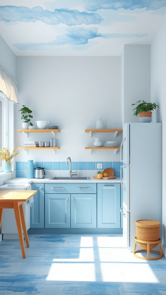 A bright kitchen with watercolor blue walls, light blue cabinets, and natural light.