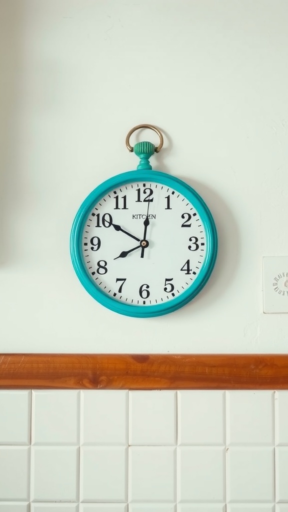 A turquoise kitchen clock with a vintage design hanging on a wall.