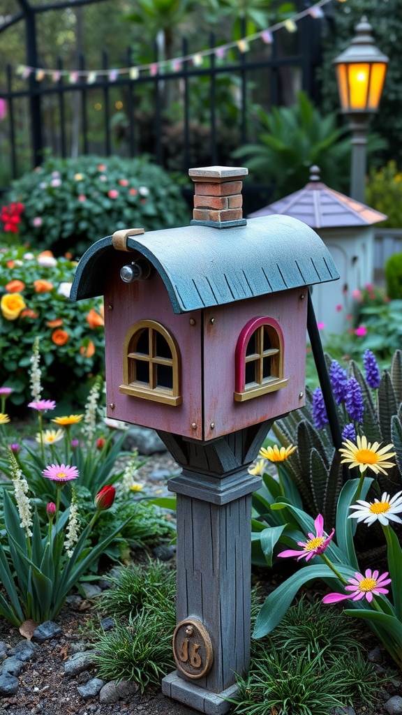 A whimsical fairy-tale mailbox post with a colorful design, surrounded by flowers in a garden.