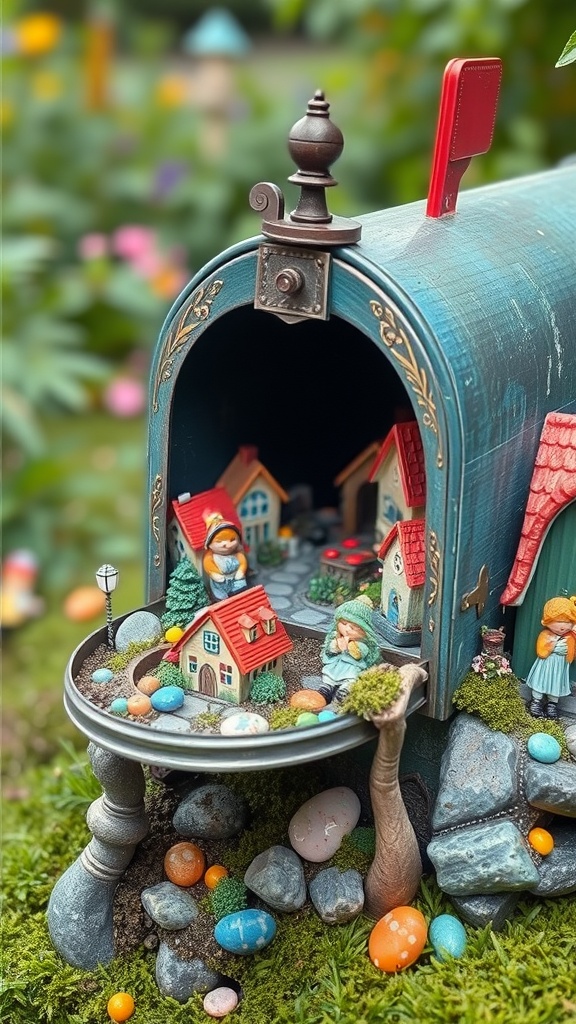 A whimsical fairy garden mailbox with colorful decorations and small houses.