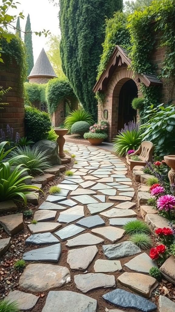 A whimsical flagstone walkway surrounded by greenery and colorful flowers.