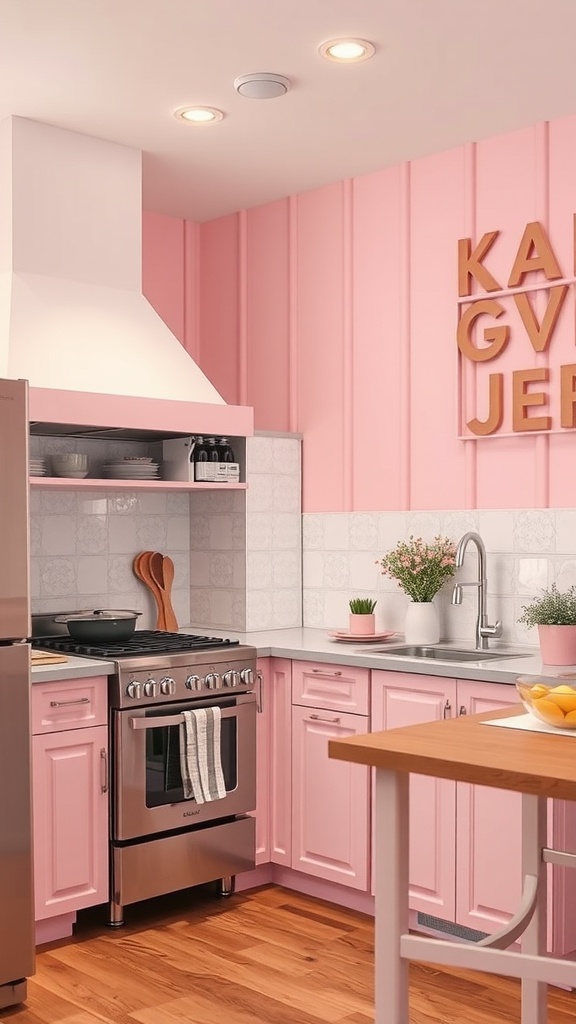 A pink kitchen with whimsical wall art and wooden accents.