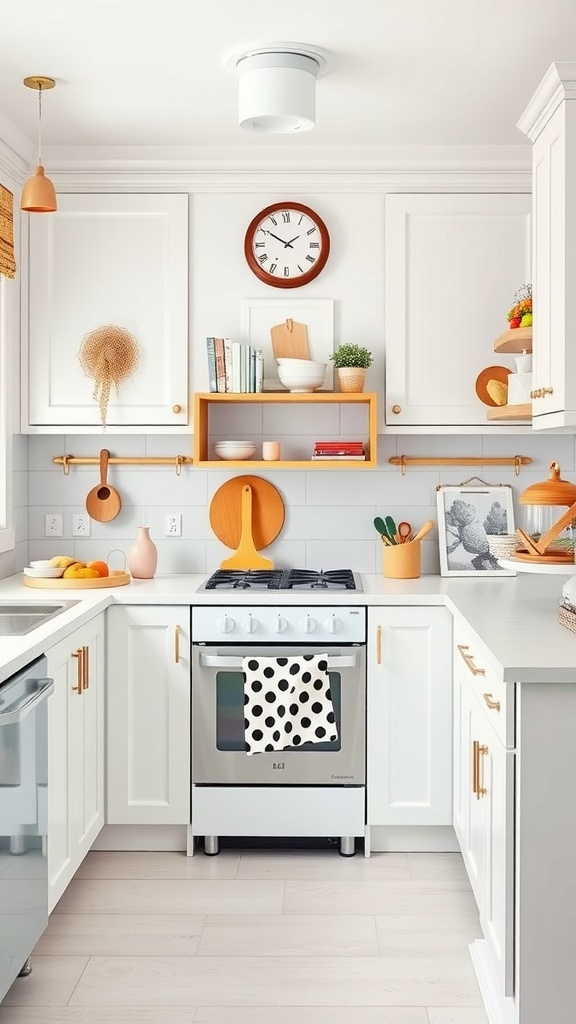 A whimsical white kitchen featuring playful decor, open shelving, and warm accents.