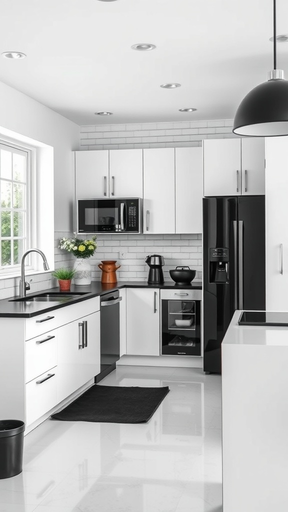 A modern white kitchen featuring black countertops and appliances, with natural light coming in from the window.