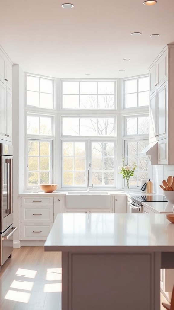 Bright white kitchen with large windows and natural light.