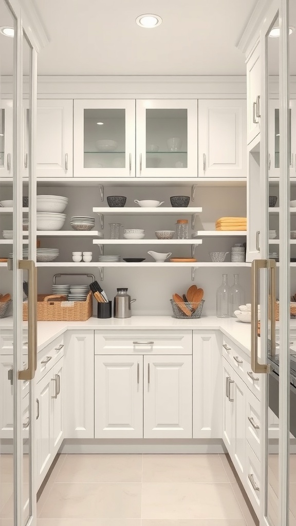 A white kitchen with a functional pantry featuring open shelving and glass-front cabinets, neatly organized with dishes and storage baskets.