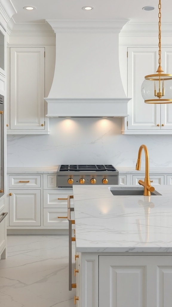 A modern white kitchen featuring marble countertops and gold fixtures