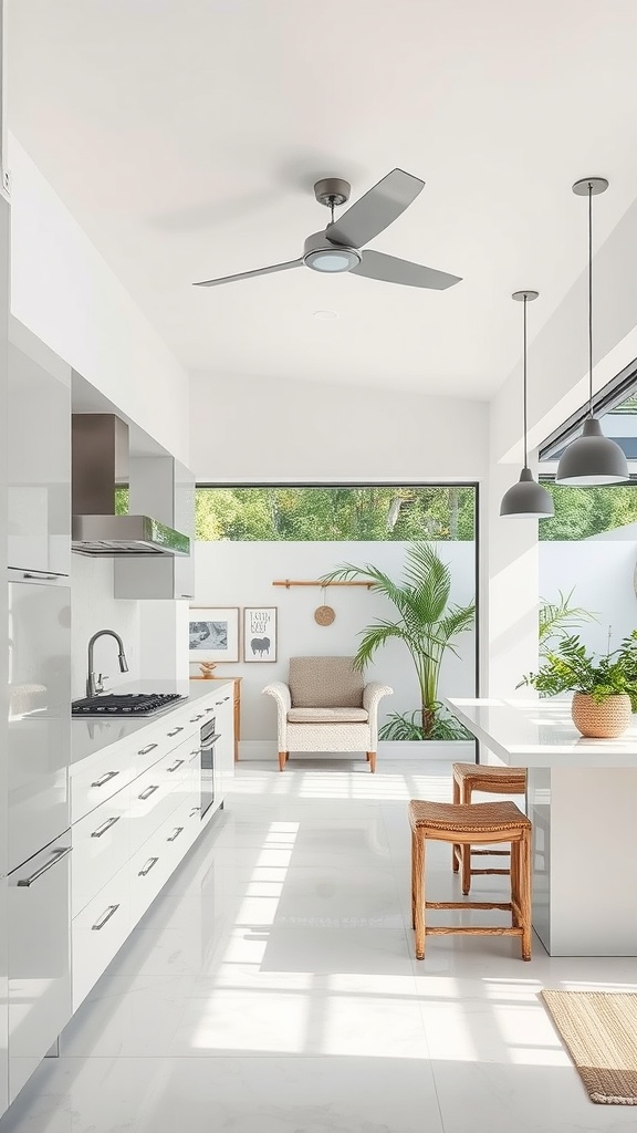 Bright and modern white kitchen with large windows and outdoor views