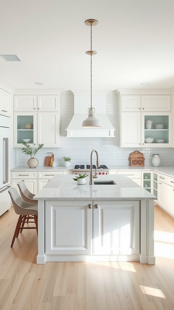 A bright white kitchen featuring a central statement island with a sleek countertop, pendant lighting, and open shelves.