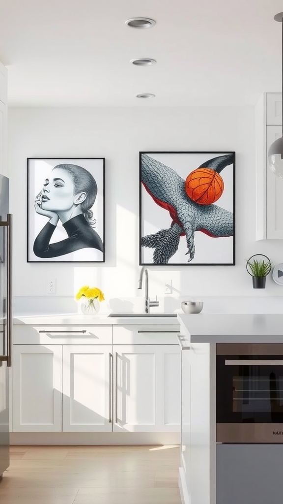 A modern white kitchen featuring two pieces of statement wall art, one depicting a woman and the other a basketball.