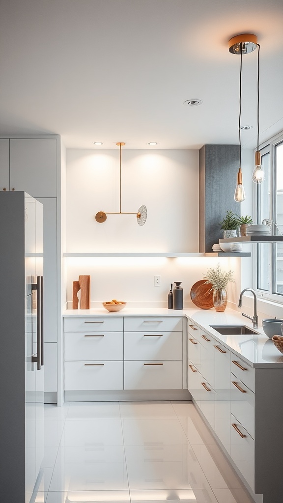 A white kitchen featuring unique lighting fixtures, with sleek cabinetry and warm lighting.