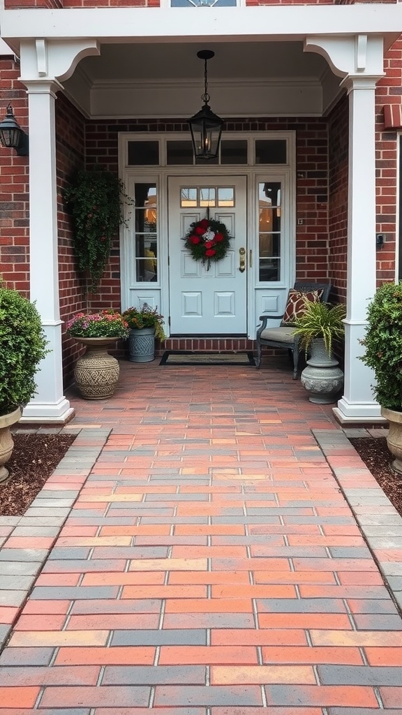 Wide brick pathway leading to a front door with a seating area and potted plants.