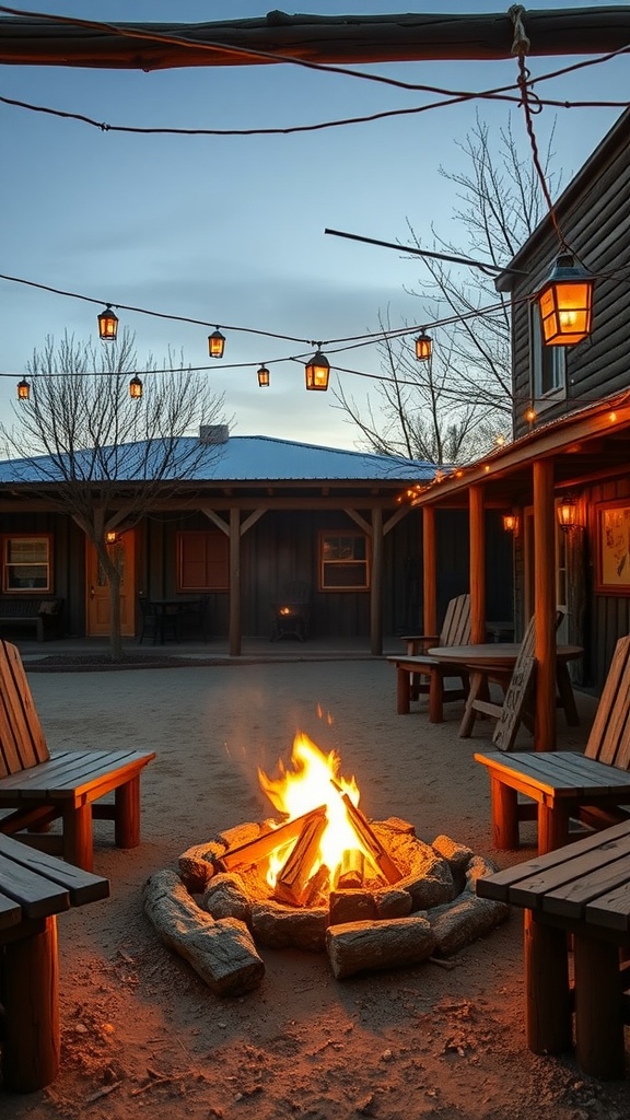 A rustic backyard fire pit surrounded by wooden benches and string lights, creating a cozy atmosphere.