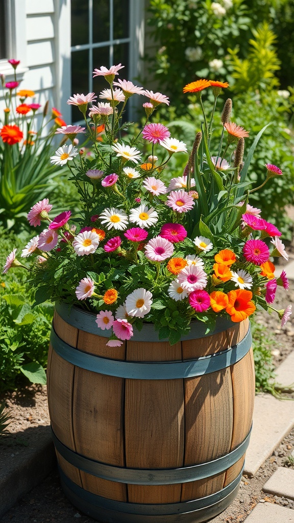 A beautifully arranged wine barrel planter filled with colorful flowers.