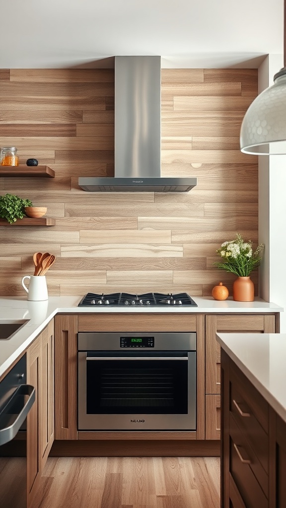 A kitchen featuring a wood-look tile backsplash, blending warmth and modern design with a sleek oven and stovetop.