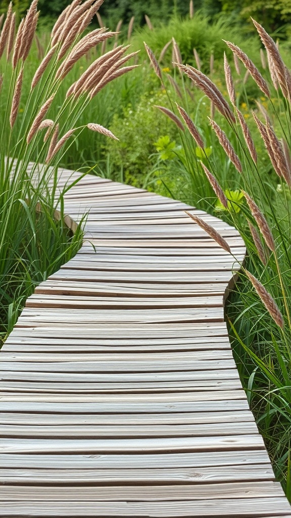 A winding wooden boardwalk surrounded by tall grass and greenery.