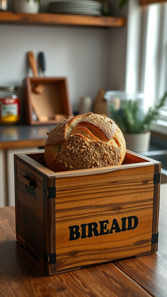 A rustic wooden bread box with a loaf of bread inside, labeled 'BIREAID,' on a kitchen table.