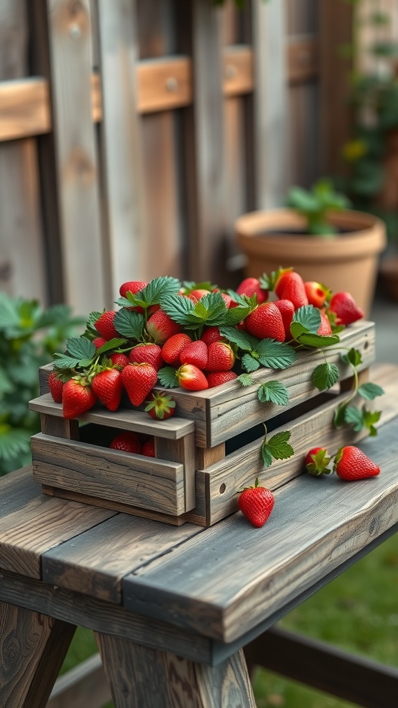 Wooden crate filled with ripe strawberries on a wooden table