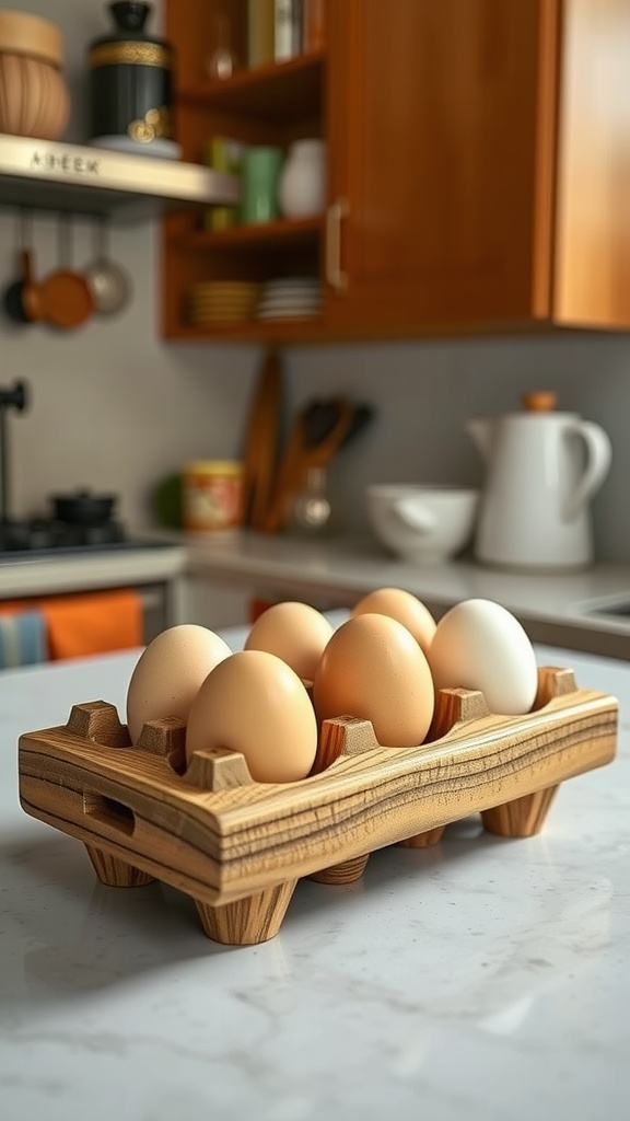 A wooden egg holder containing six eggs on a kitchen counter.