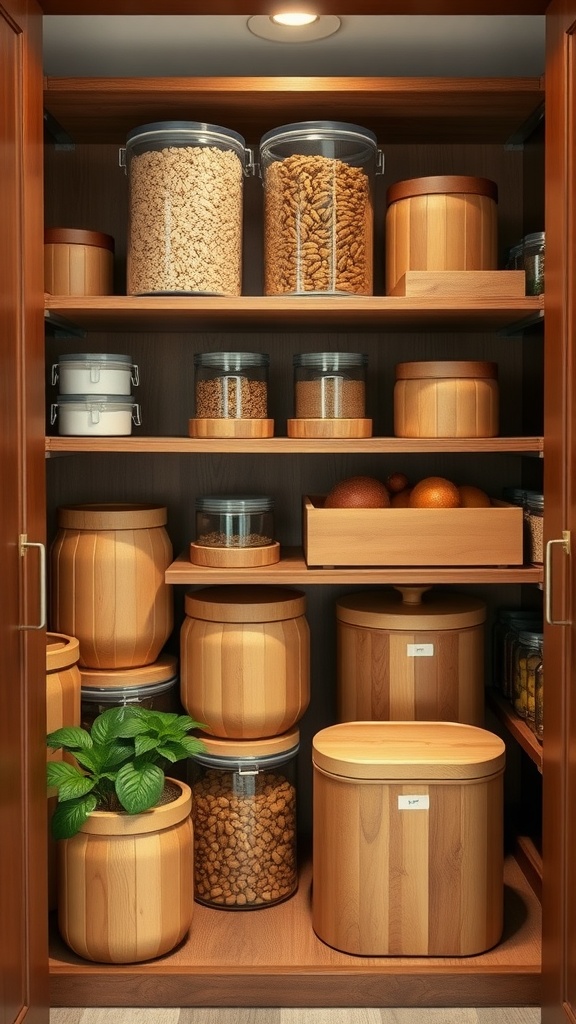 A well-organized pantry with various wooden food storage containers and a plant