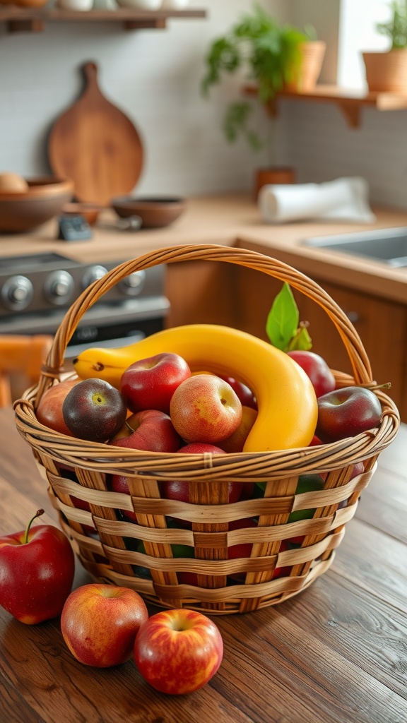 A wooden fruit basket filled with various fruits including apples and bananas, placed on a kitchen counter.