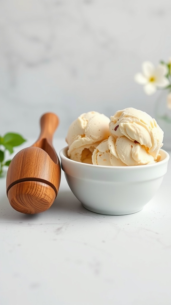 A wooden ice cream scoop next to a bowl of ice cream