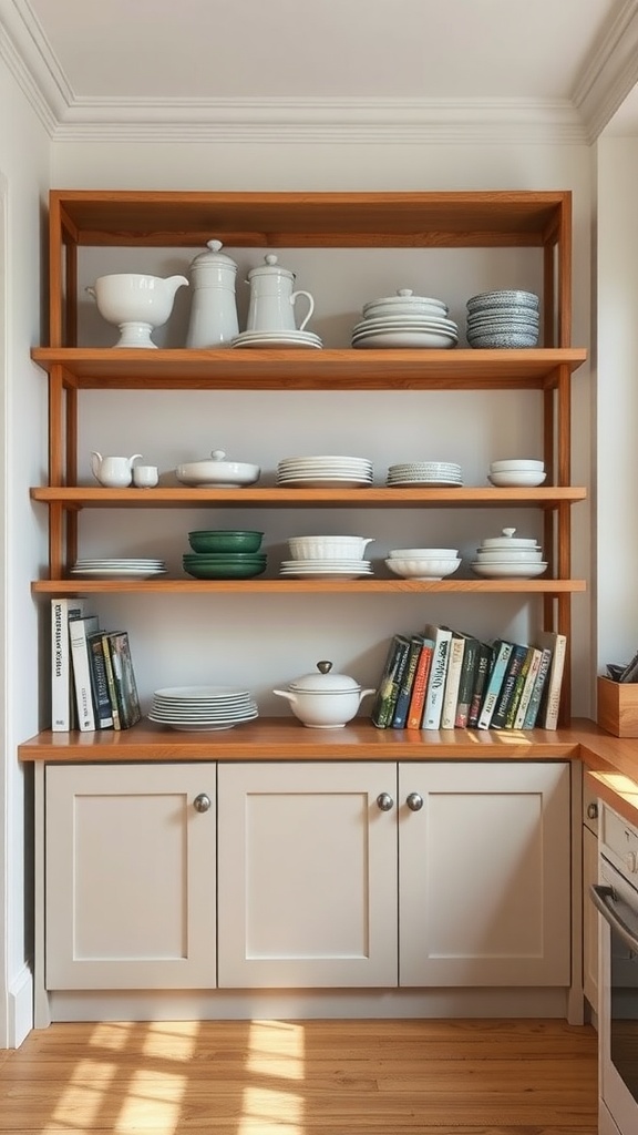 Open wooden kitchen shelves displaying dishware and cookbooks