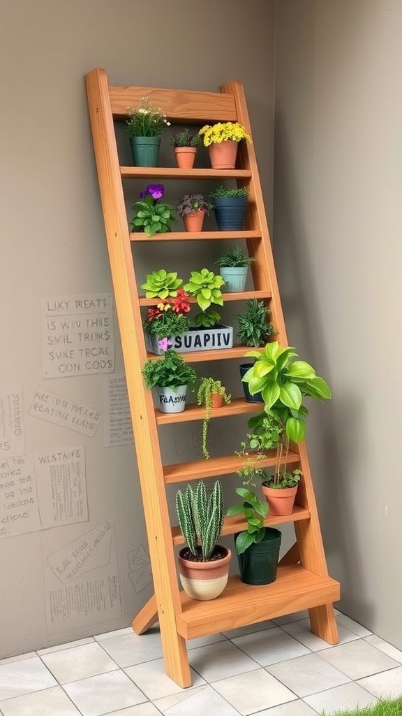 A wooden ladder planter with colorful pots filled with various plants