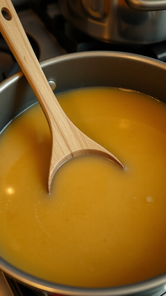 A wooden ladle stirring a pot of yellow broth on a stove.