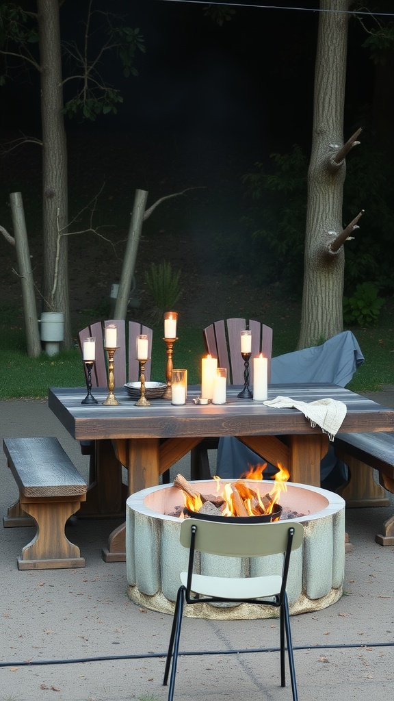 Wooden picnic table with candles and a fire pit