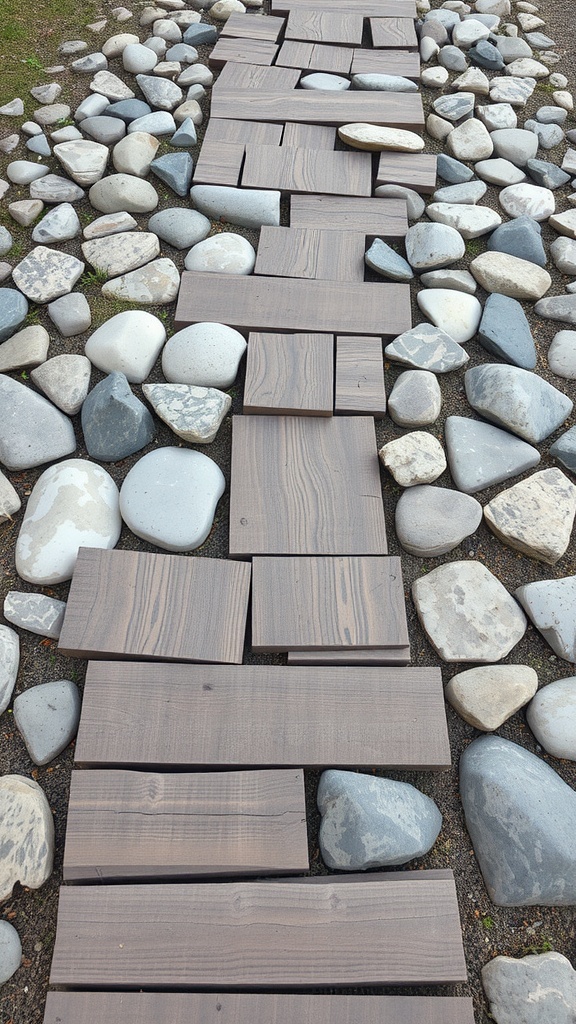 A pathway made of wooden planks surrounded by smooth stones, creating a rustic and natural look.