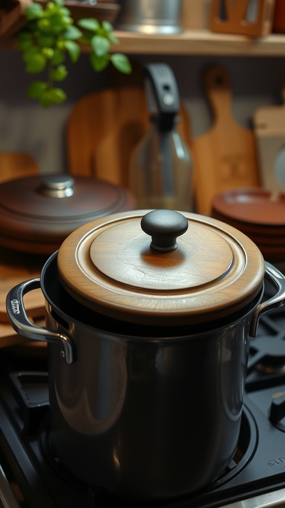 A black pot with a wooden lid on a stove, surrounded by kitchen utensils and greenery.