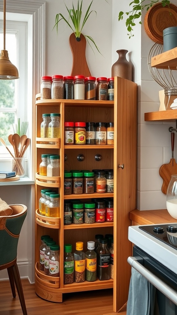 Wooden spice rack filled with various spices in jars