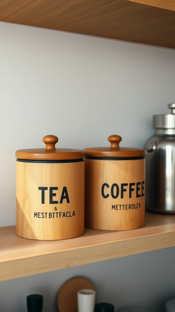 Wooden canisters for tea and coffee storage on a shelf