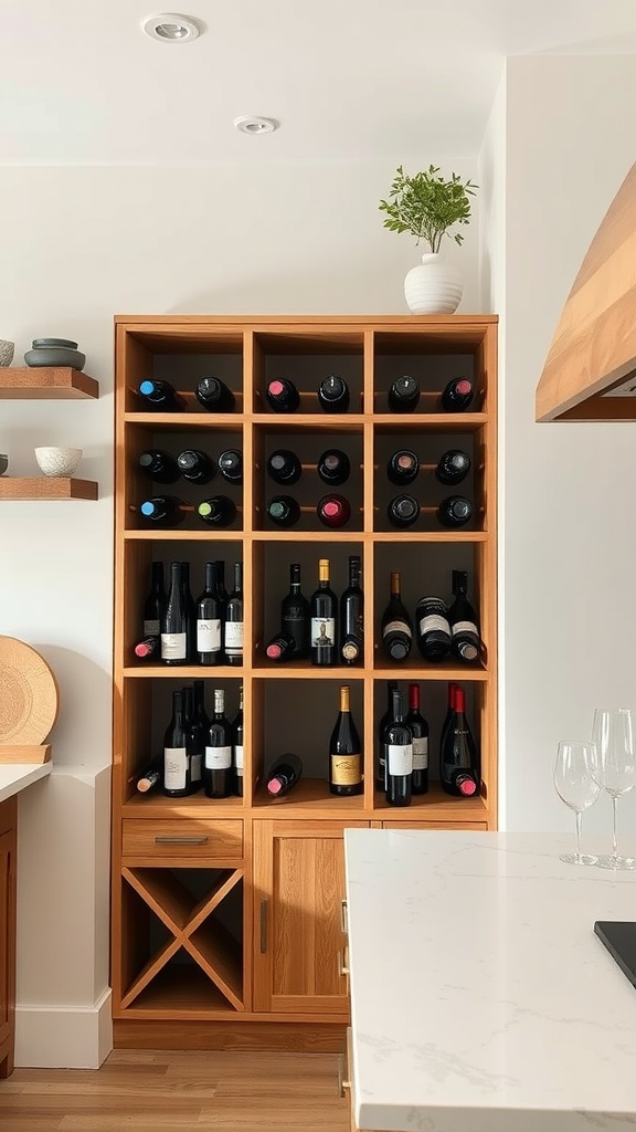 Wooden wine rack filled with various bottles of wine in a modern kitchen setting.