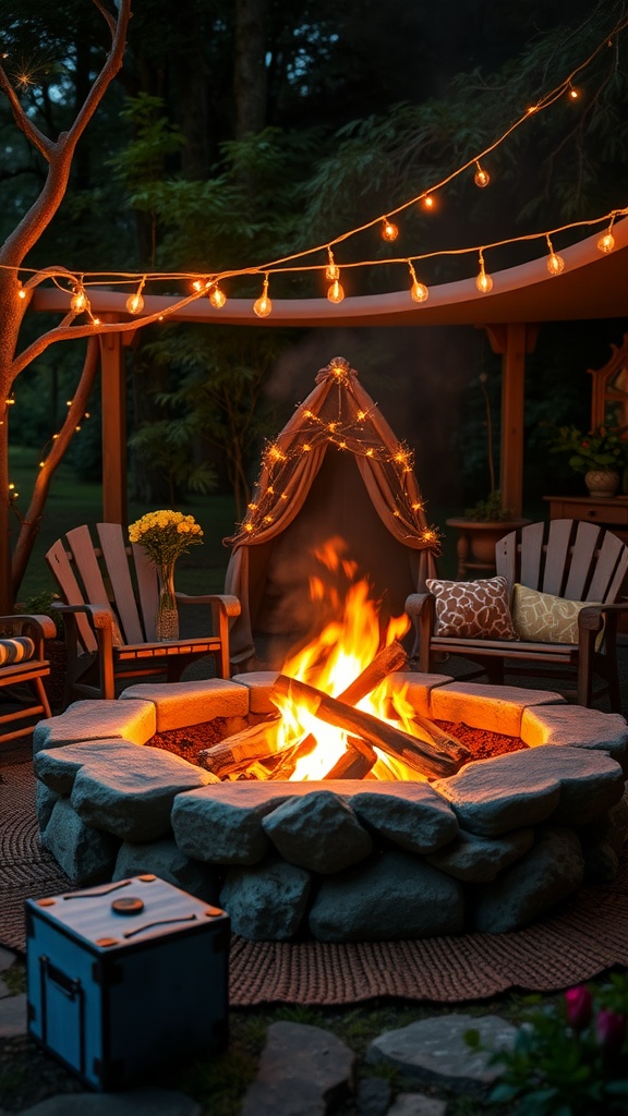 A cozy woodland fire pit area with glowing lights, chairs, and a warm fire.