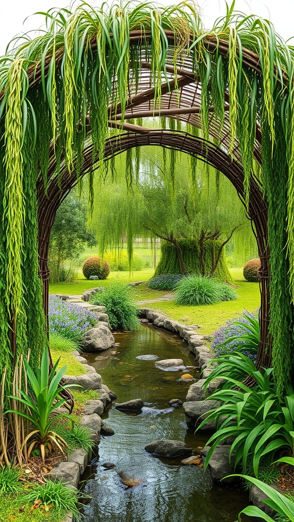 A woven willow walkway with a natural archway and a stream running beside it, surrounded by lush greenery.